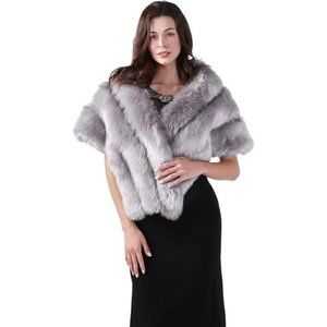 Women Grey Wedding Faux Fur Shawl Winter Cover Up  Shrug Gown Wrap